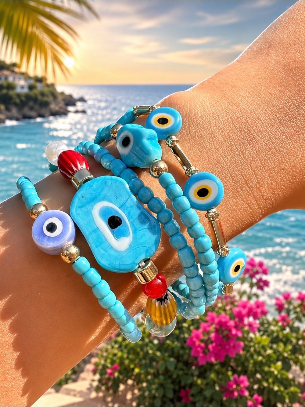 Turquoise Blue Evil Eye Beaded Bracelet Stack